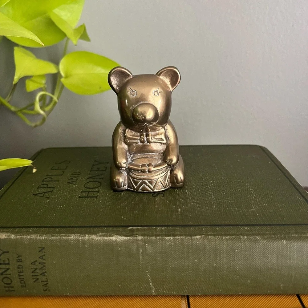 Vintage Brass Teddy Bear Figurine Playing Drum 3 Inch Small Nursery Shelf Decor